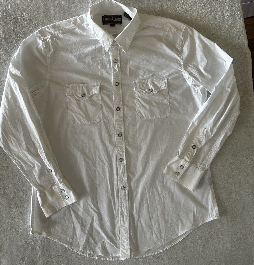 Rock And Roll Cowboy White Pearl Snap Shirt XL Western Resort Wear